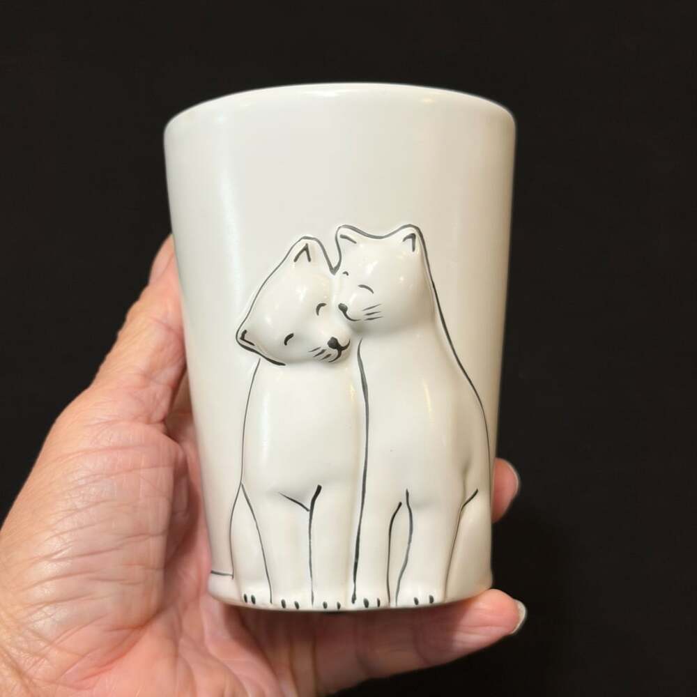 Signature Ceramic Cat Cup Raised Embossed White Kittens Intertwined Tails